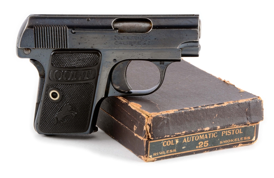 (C) COLT 1908 HAMMERLESS .25 POCKET PISTOL WITH BOX MADE IN 1922.