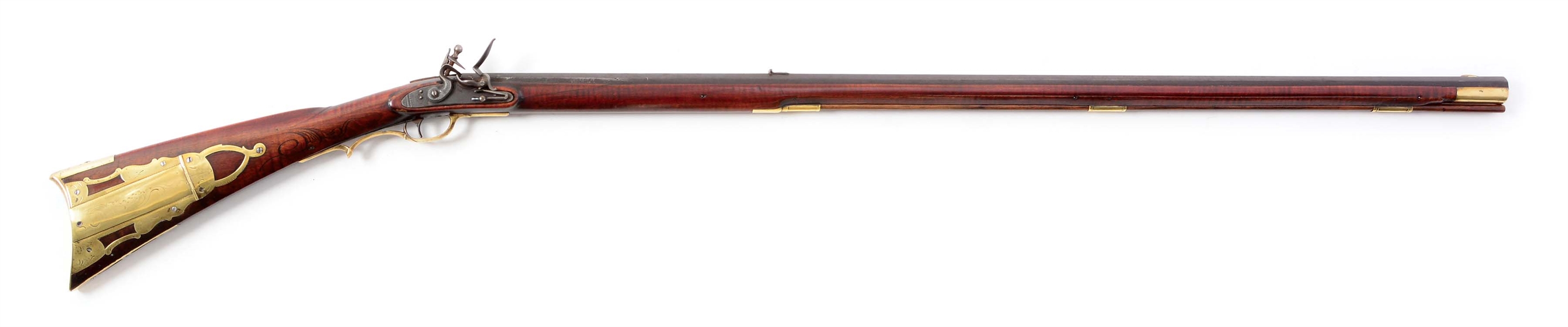 (A) CARVED FLINTLOCK KENTUCKY RIFLE ATTRIBUTED TO SIMON LAUCK, VIRGINIA.