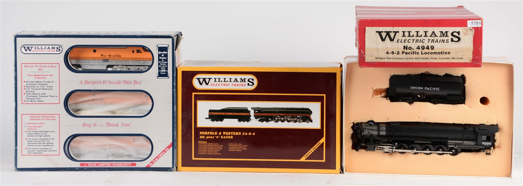 LOT OF 3: WILLIAMS DRG TRAIN CARS IN BOXES.