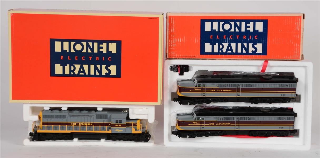 LOT OF 2: LIONEL ERIE LACKAWANNA M1AA SET & SD-40 IN BOXES.