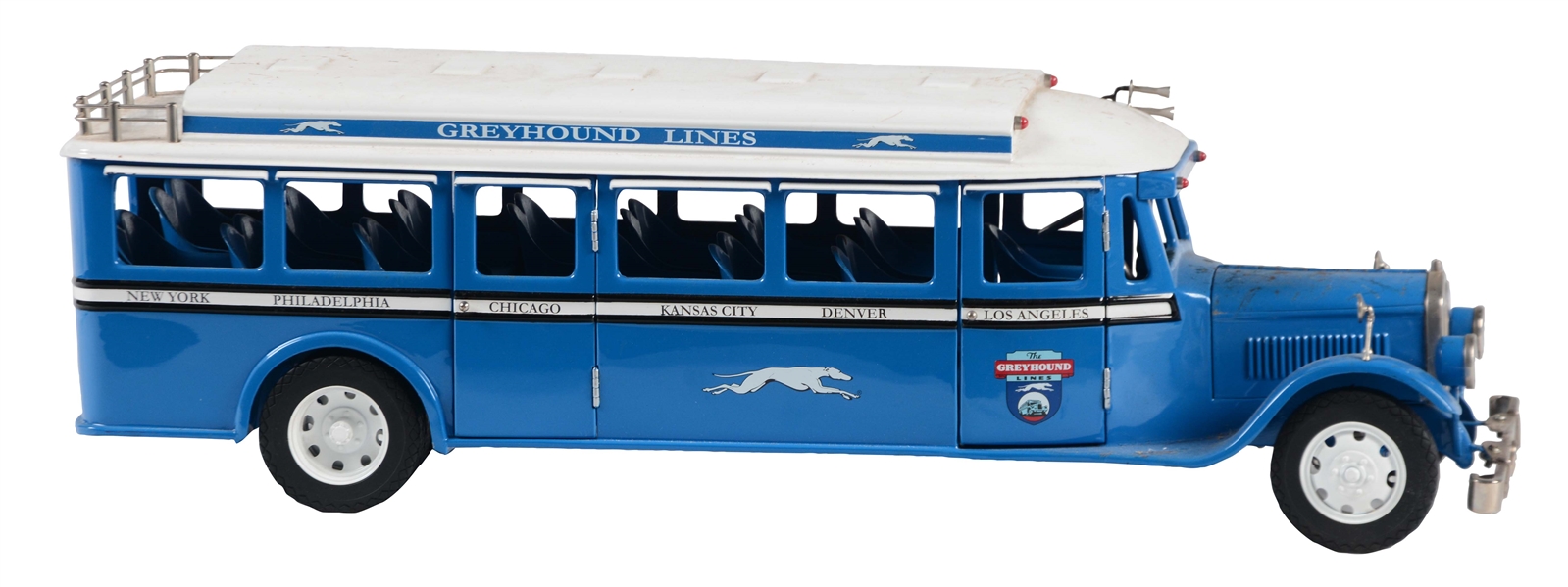 CONTEMPORARY MODEL METAL BLUE GREYHOUND BUS.