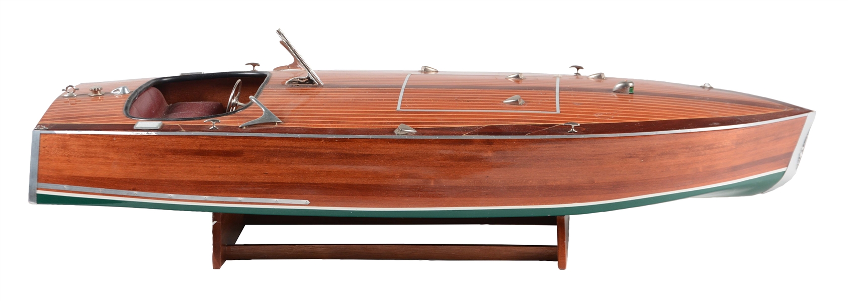 WOOD RACING BOAT ON STAND.