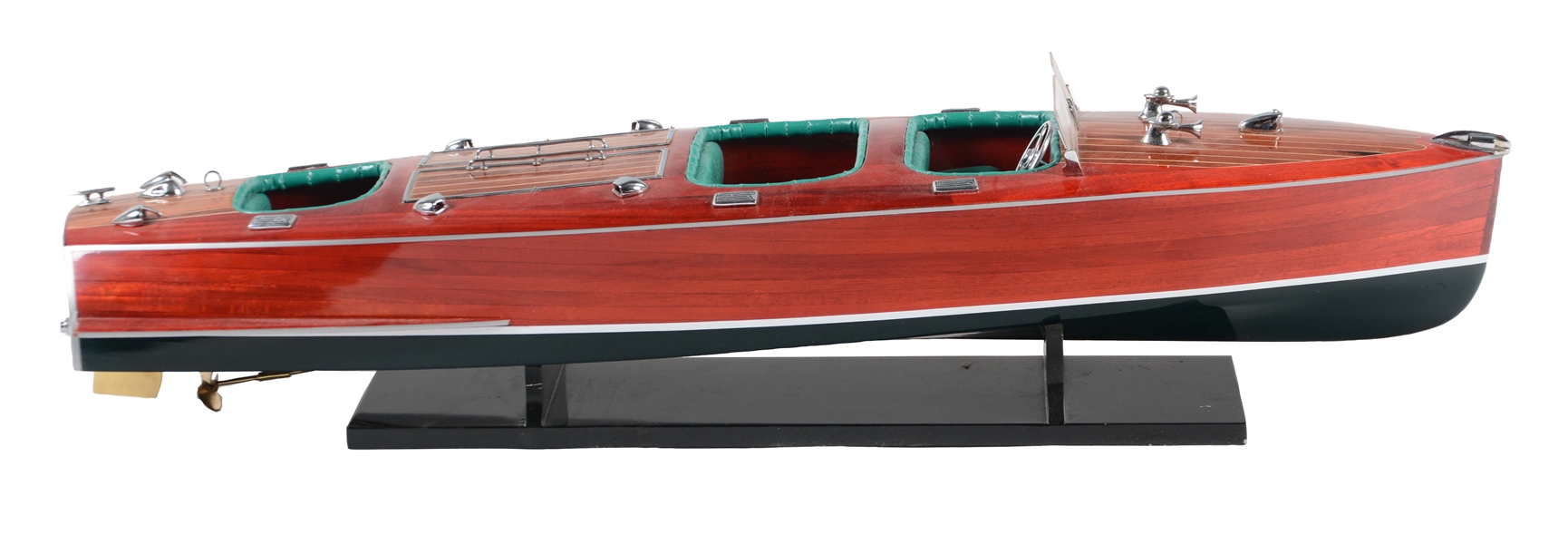 CONTEMPORARY WOODEN MODEL SPEED BOAT ON STAND. 