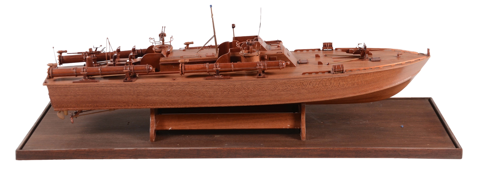 CONTEMPORARY WOODEN PT BOAT MODEL IN DISPLAY CASE.