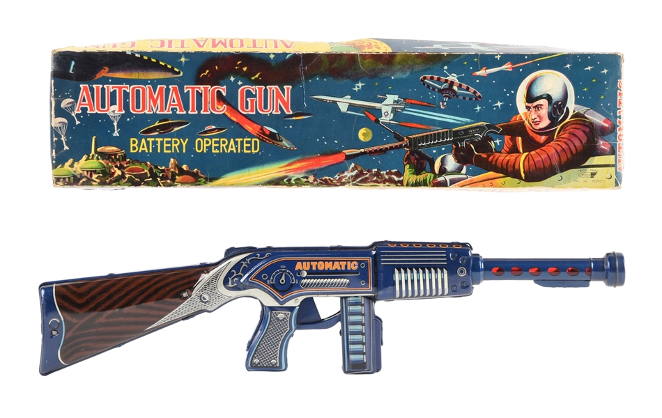 JAPANESE TIN LITHO BATTERY SPACE RIFLE IN BOX. 