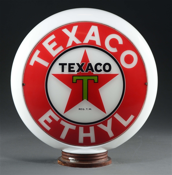 TEXACO ETHYL GASOLINE 13-1/2" GLOBE ON MILK GLASS SCREW BASE BODY. 