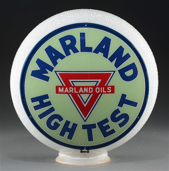 MARLAND HIGH TEST GASOLINE & OILS COMPLETE 13-1/2" GAS GLOBE ON WHITE RIPPLE BODY. 
