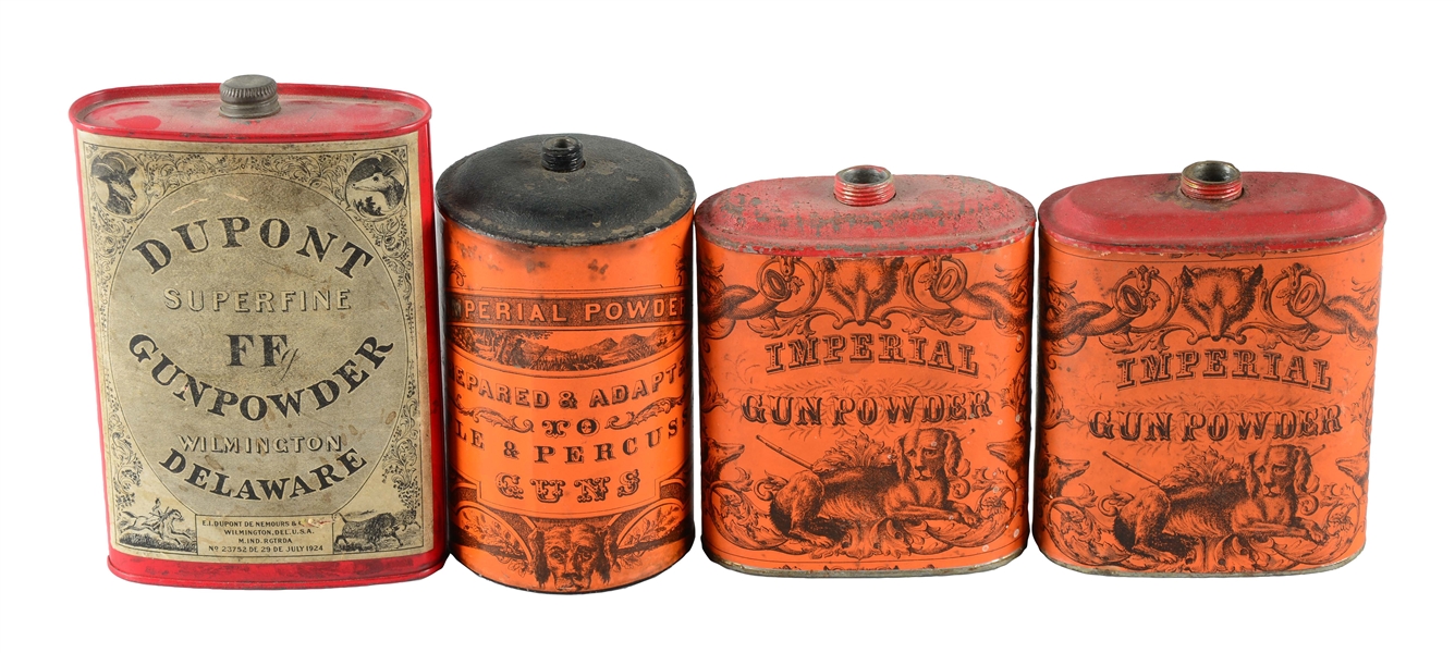 LOT OF 4: GUNPOWDER CANISTERS.