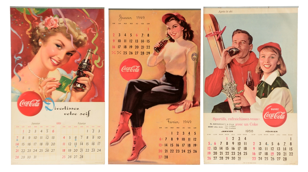 LOT OF 3: 1949,1951 & 1958 FRENCH COCA-COLA CALENDARS. 