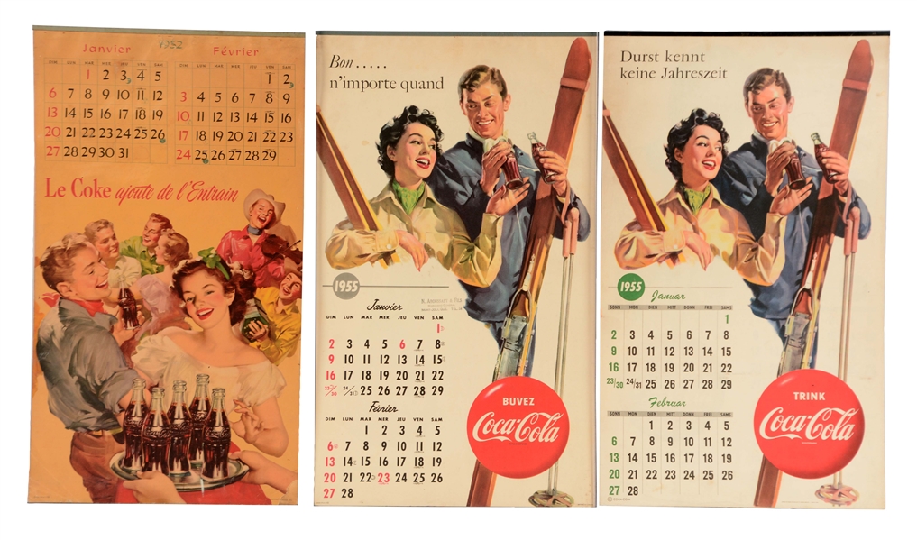 LOT OF 3: 1952 & 1955 GERMAN & FRENCH COCA-COLA CALENDARS. 