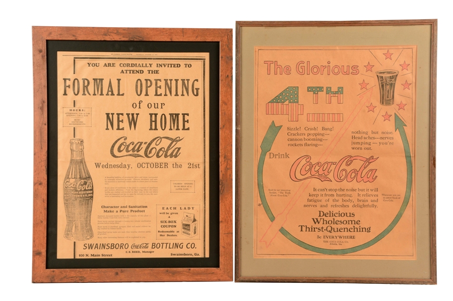LOT OF 2: FRAMED COCA-COLA NEWSPAPER ADVERTISING SIGNS. 
