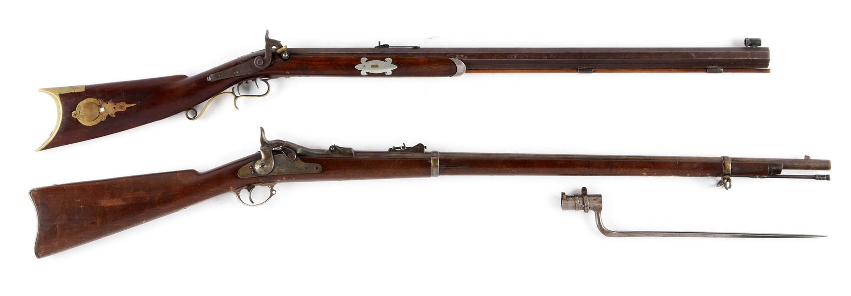 (A) LOT OF 2:  SPRINGFIELD TRAPDOOR WITH BAYONET AND HALFSTOCK PERCUSSION RIFLE.