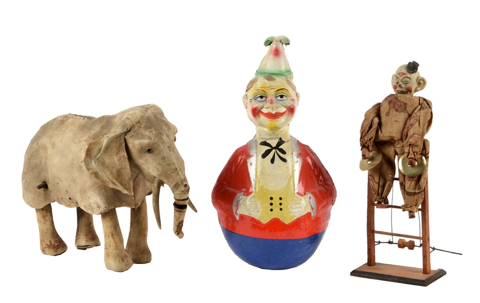 LOT OF 3: EUROPEAN CLOWN AND ELEPHANT TOYS.