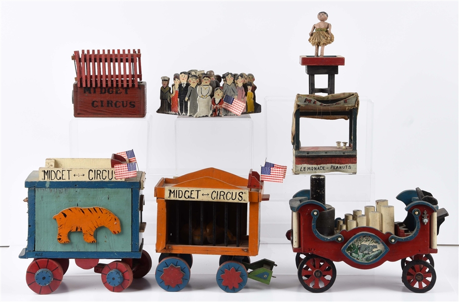 VERY UNUSUAL HAND CARVED WOODEN FOLK ART CIRCUS DISPLAY.