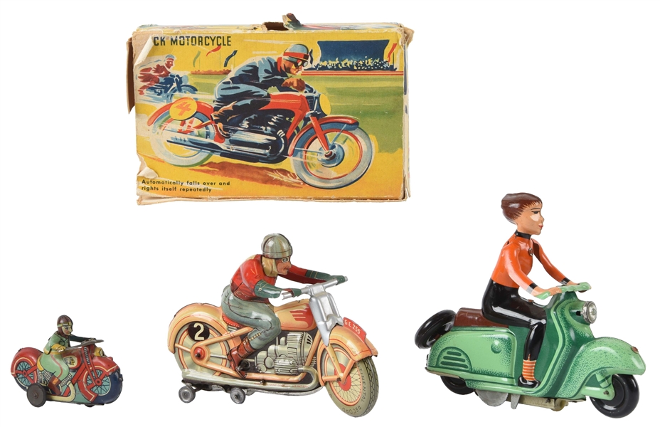 LOT OF 3 : TIN LITHO WIND UP & FRICTION MOTORCYCLE & SCOOTER TOYS. 