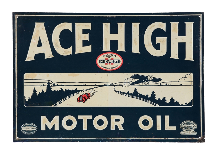 ACE HIGH MOTOR OIL EMBOSSED TIN SIGN WITH CAR & AIRPLANE GRAPHIC.