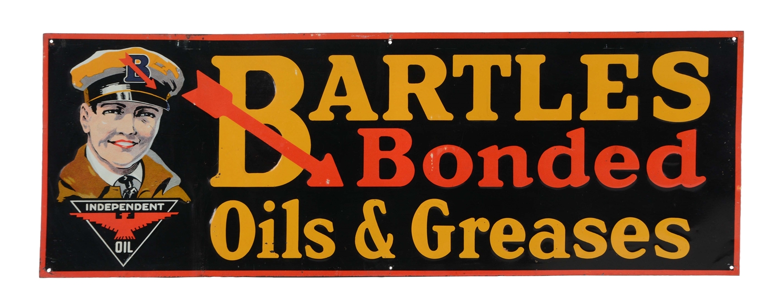 BARTLES BONDED INDEPENDENT OILS & GREASES EMBOSSED TIN SIGN.