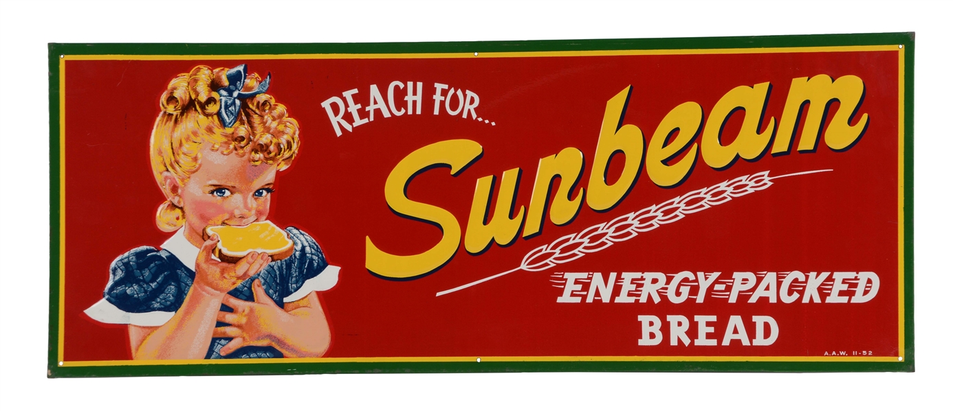 SUNBEAM BREAD EMBOSSED TIN SIGN WITH GIRL GRAPHIC.