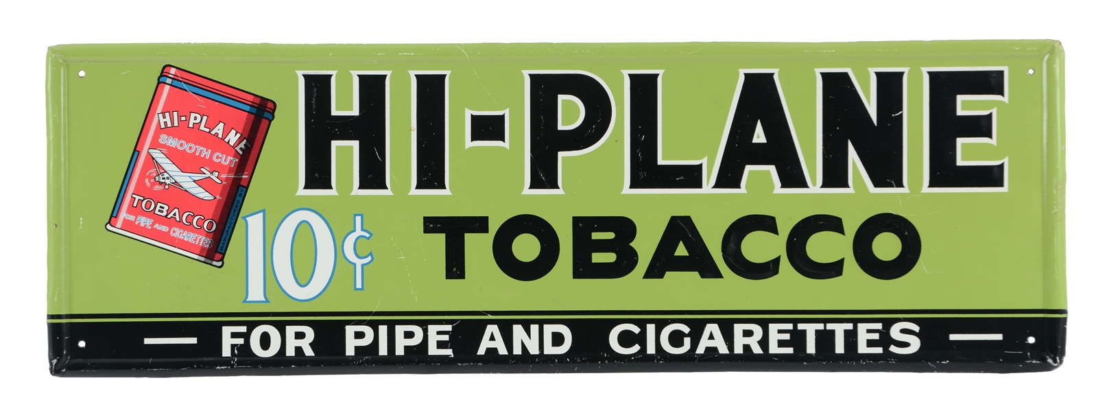 HI PLANE TOBACCO EMBOSSED TIN SIGN WITH AIRPLANE GRAPHIC.