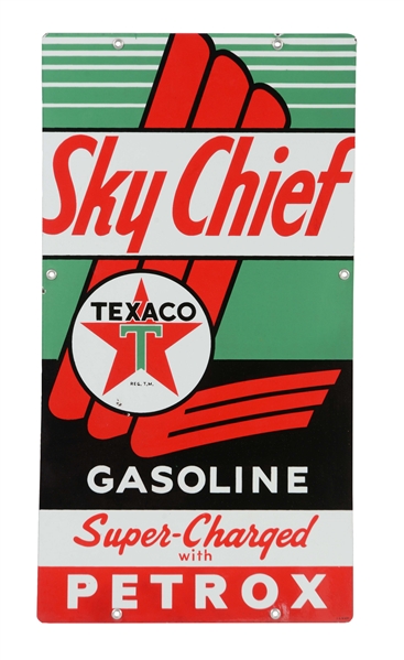 TEXACO SKY CHIEF WITH PETROX PORCELAIN PUMP SIGN.