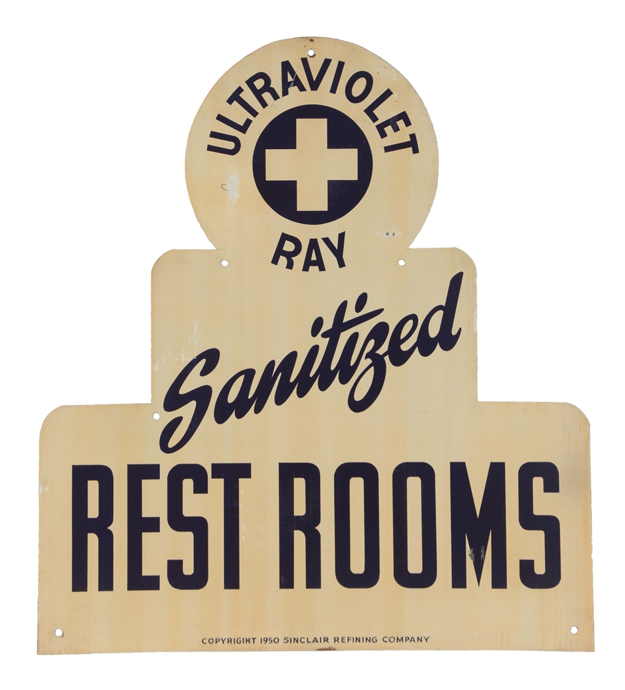 SINCLAIR ULTRAVIOLET RAY SANITIZED RESTROOMS DIECUT TIN SIGN.