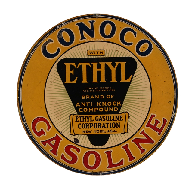 VERY RARE CONOCO ETHYL GASOLINE TIN CURB SIGN.