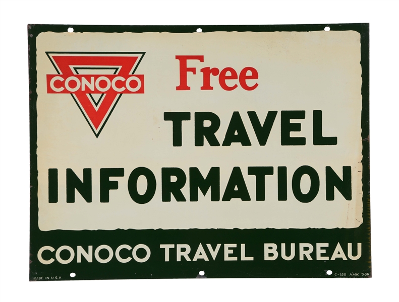 CONOCO FREE TRAVEL INFORMATION TIN SIGN.