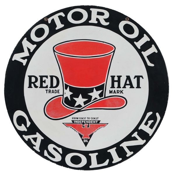 RED HAT GASOLINE & MOTOR OIL PORCELAIN SIGN.