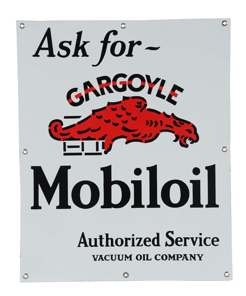 REPRODUCTION GARGOYLE MOBILOIL AUTHORIZED SERVICE PORCELAIN CABINET SIGN.