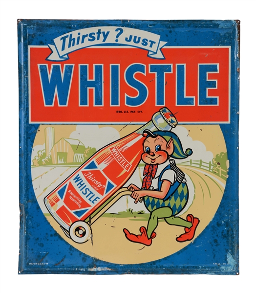 WHISTLE SODA POP EMBOSSED TIN SIGN WITH ELF GRAPHIC.