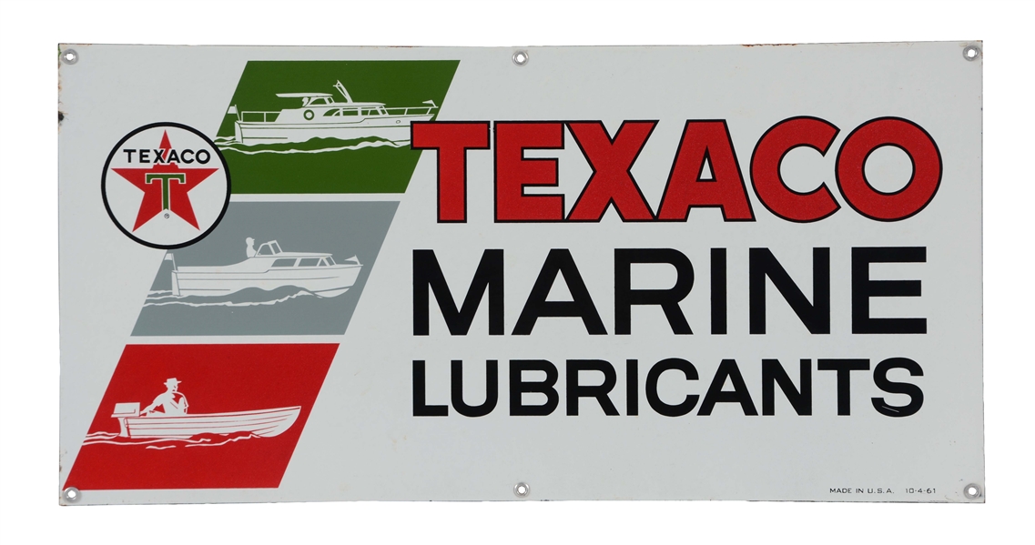 TEXACO MARINE LUBRICANTS PORCELAIN SIGN WITH BOAT GRAPHICS.