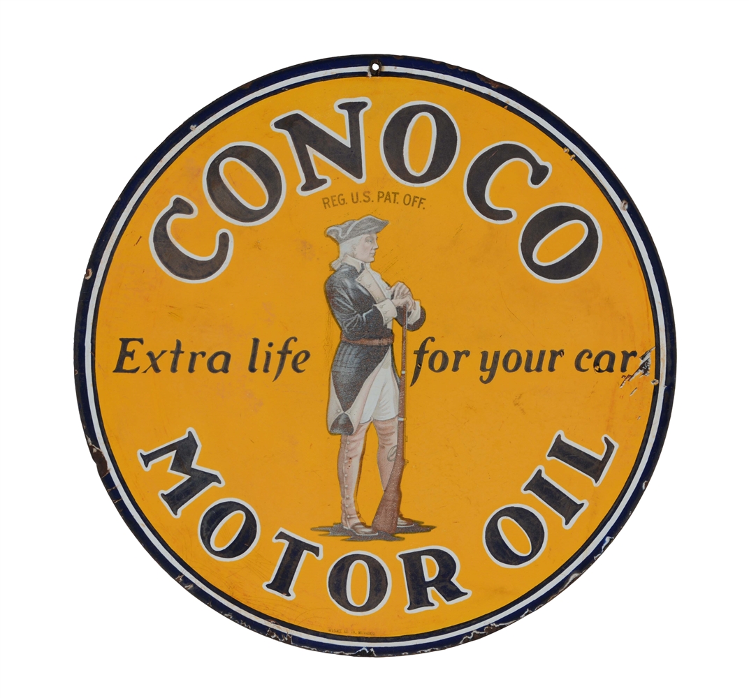 CONOCO MOTOR OIL PORCELAIN SIGN WITH MINUTEMAN GRAPHIC.