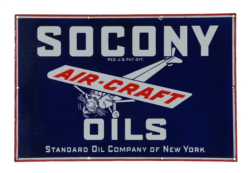 SOCONY AIRCRAFT OILS PORCELAIN SIGN WITH AIRPLANE GRAPHIC.
