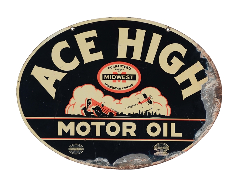 ACE HIGH MOTOR OIL TIN SIGN WITH CAR & AIRPLANE GRAPHIC.