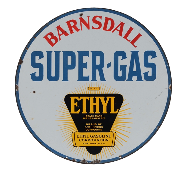 BARNSDALL SUPER GAS PORCELAIN SIGN WITH ETHYL BURST GRAPHIC.