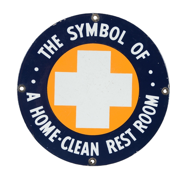 SHELL GASOLINE THE SYMBOL OF A HOME CLEAN REST ROOM PORCELAIN SIGN.
