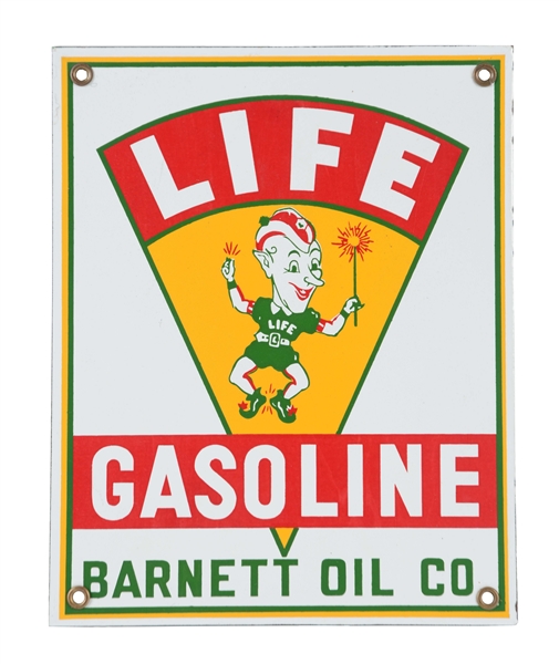 LIFE GASOLINE & BARNETT OIL CO. PORCELAIN PUMP SIGN WITH ELF GRAPHIC.