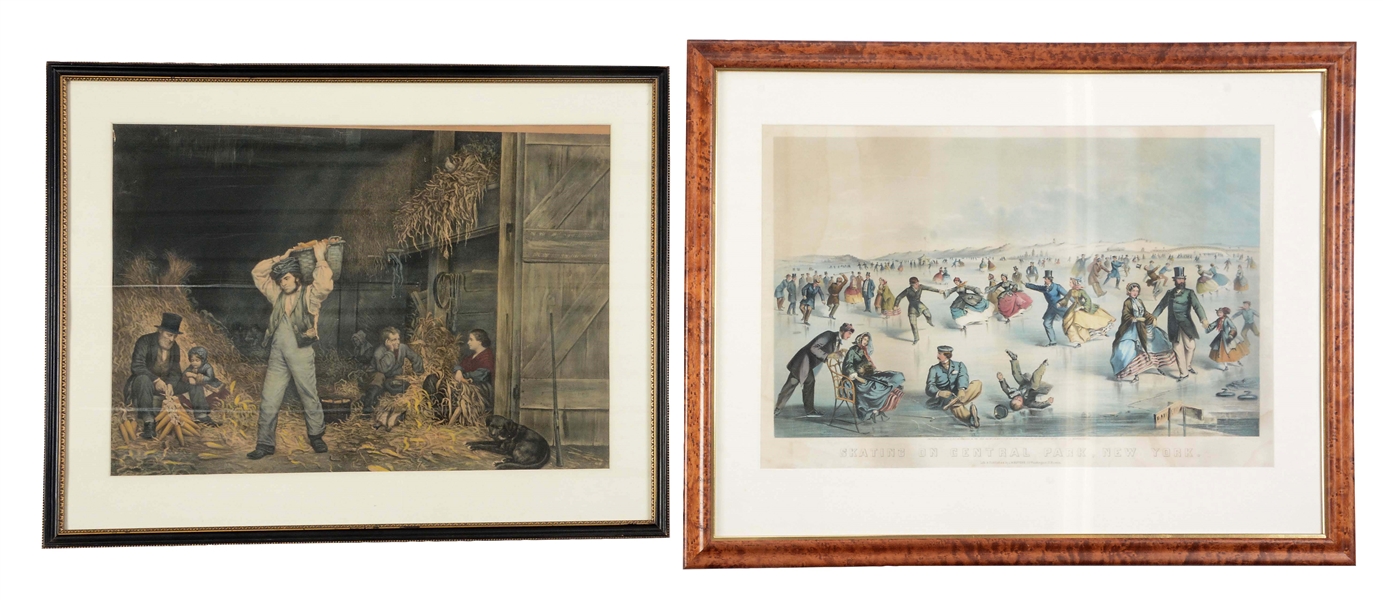 GROUP OF 2: COLORED ENGRAVING OF ICE SKATERS ON CENTRAL PARK & COLOR PRINT OF BARN SCENE INTERIOR.