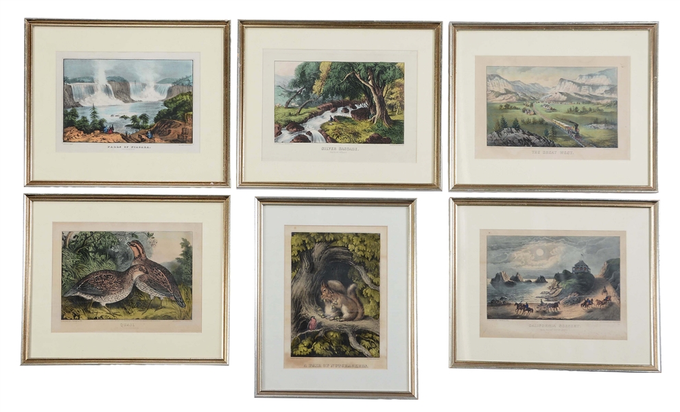LOT OF 6: N. CURRIER & CURRIER & IVES SCENIC & ORNITHOLOGICAL LITHOGRAPHS.