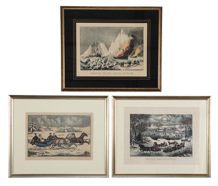 LOT OF 3: CURRIER & IVES WINTER & WHALING LITHOGRAPHS.