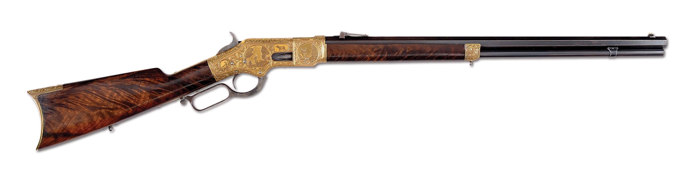 (A) EXTRAORDINARY, RARE & IMPORTANT ULRICH RELIEF ENGRAVED DELUXE WINCHESTER MODEL 1866 LEVER ACTION RIFLE.