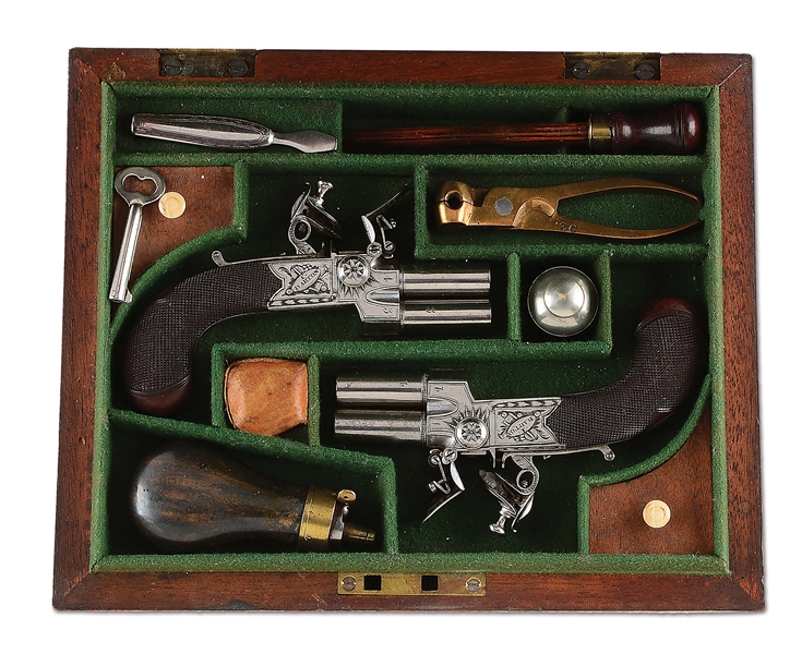 (A) CASED PAIR OF DIMINUTIVE ENGLISH TAP ACTION FLINTLOCK PISTOLS BY BARTON.