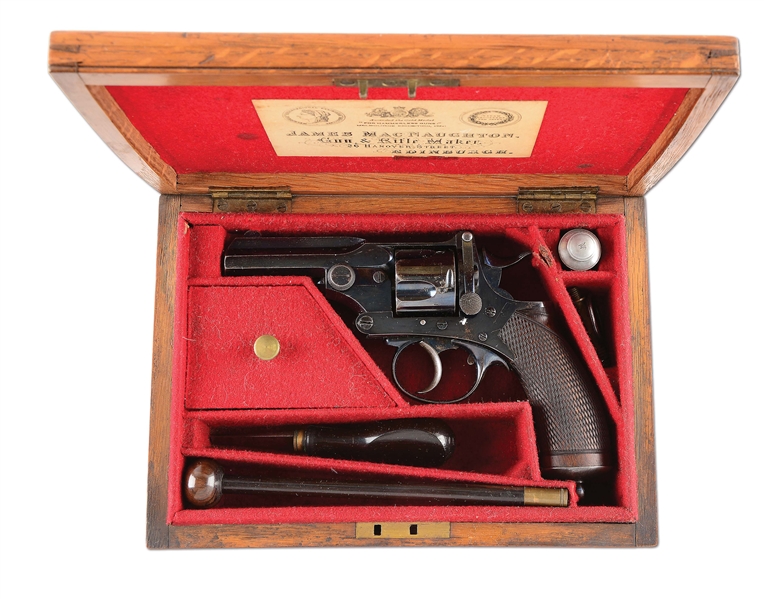 (A) CASED DEALER MARKED ENGLISH DOUBLE ACTION REVOLVER.