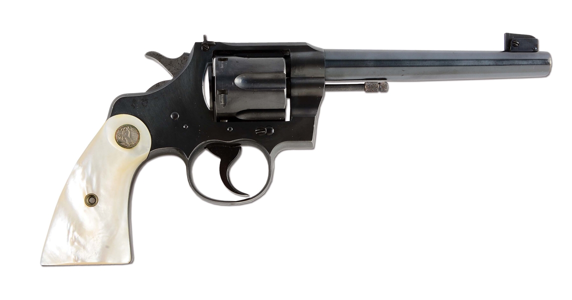 (C) COLT OFFICERS MODEL HEAVY BARREL DOUBLE ACTION TARGET REVOLVER WITH PEARL GRIPS (1938).