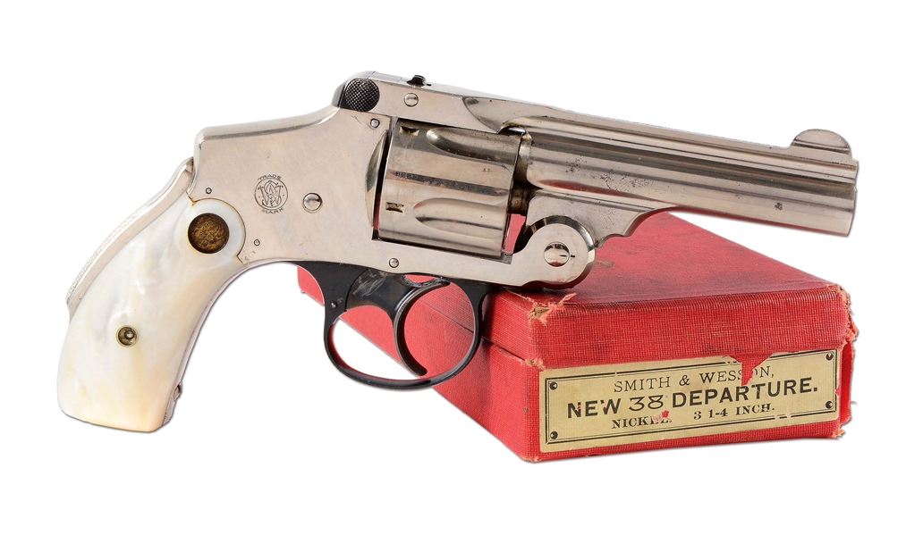 (C) RED BOXED S&W MODEL .38 NEW DEPARTURE DOUBLE ACTION REVOLVER.