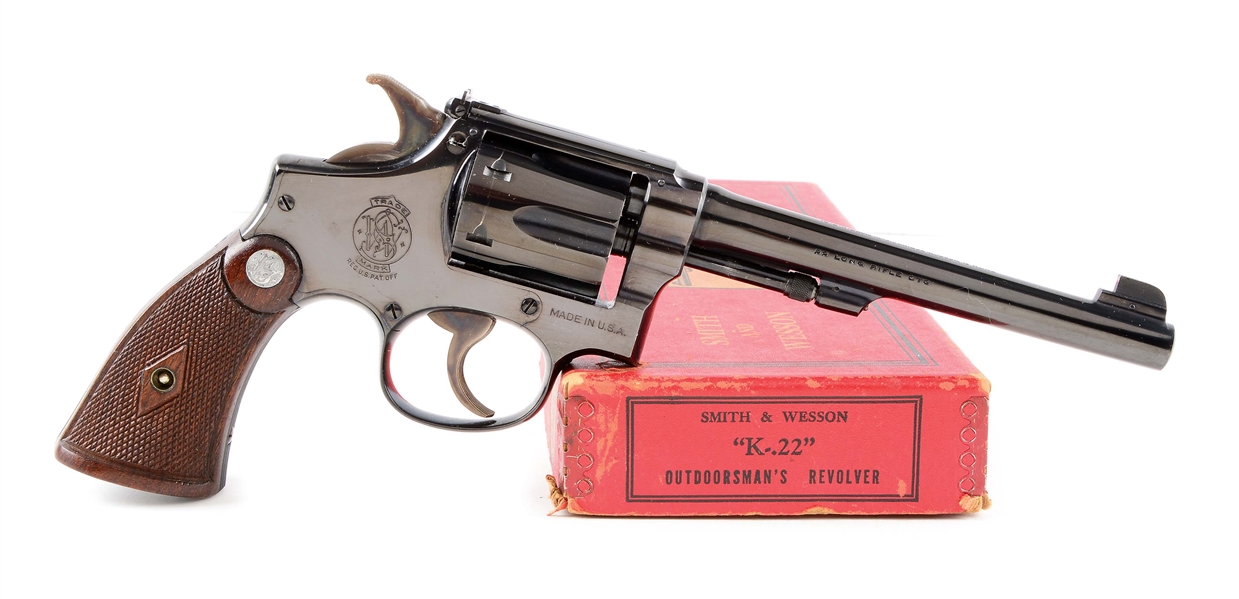 (C) RED PICTURE BOX PRE-WAR SMITH & WESSON K-22 OUTDOORSMAN TARGET REVOLVER.
