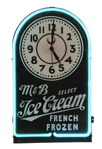 M&B SELECT ICE CREAM ETCHED GLASS NEON ADVERTISING CLOCK.