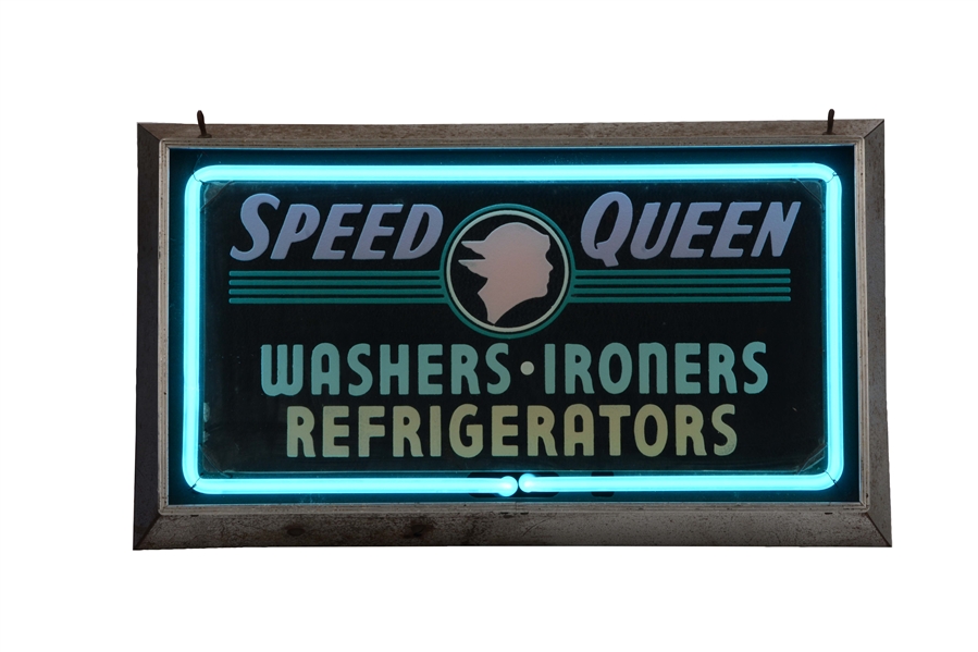 SPEED QUEEN REVERSE ON GLASS ADVERTISING NEON SIGN..