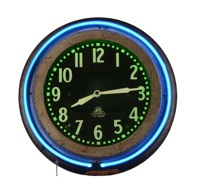 PAM CLOCK COMPANY TWO COLOR NEON GLASS FACE CLOCK.