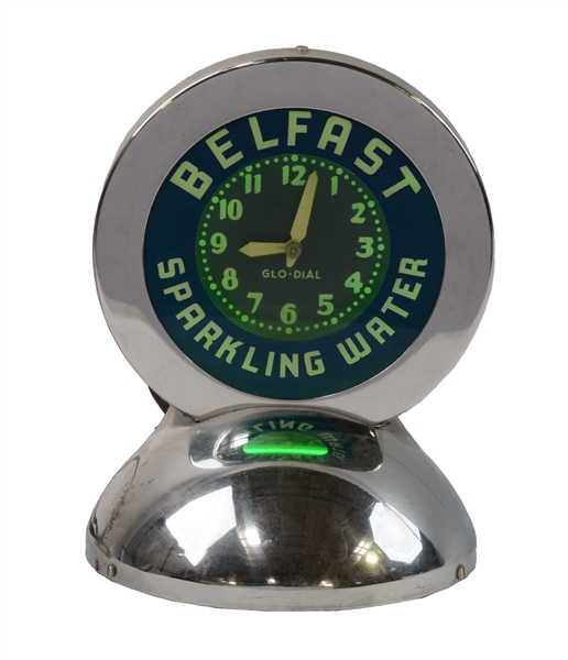BELFAST SPARKLING WATER REVERSE ON GLASS DESK TOP GLO DIAL GREEN NEON CLOCK.